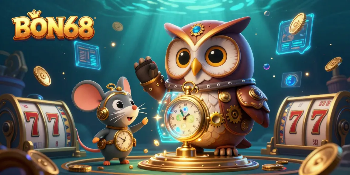 Engage in thrilling adventures with BON68, featuring a time-traveler owl among slot symbols and treasures.