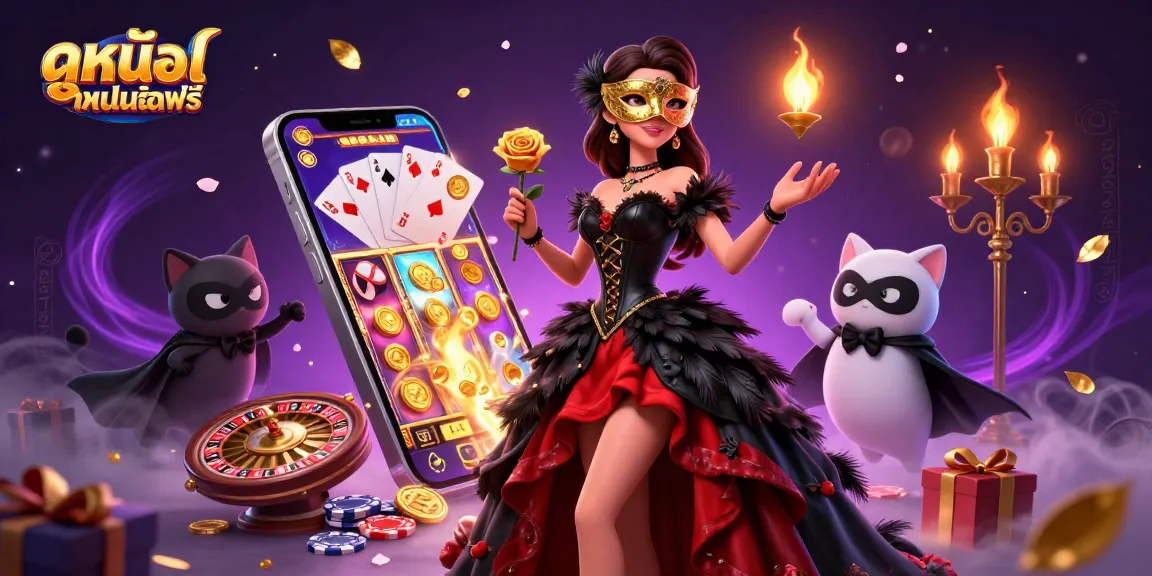 Experience ดูหนังออนไลน์ฟรี with a captivating gambling-themed 3D illustration, featuring vibrant slot games and iconic casino elements.