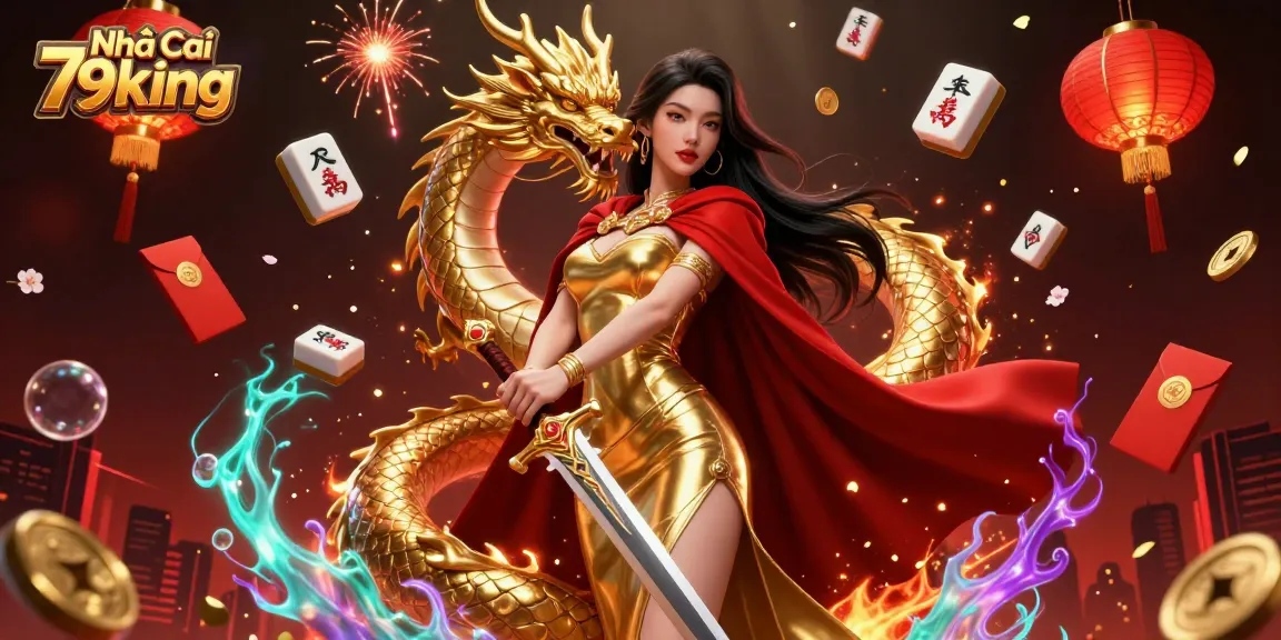 Engaging scene with Nhà cái 79king casino queen amid golden game elements, featuring expressive gambling visuals.