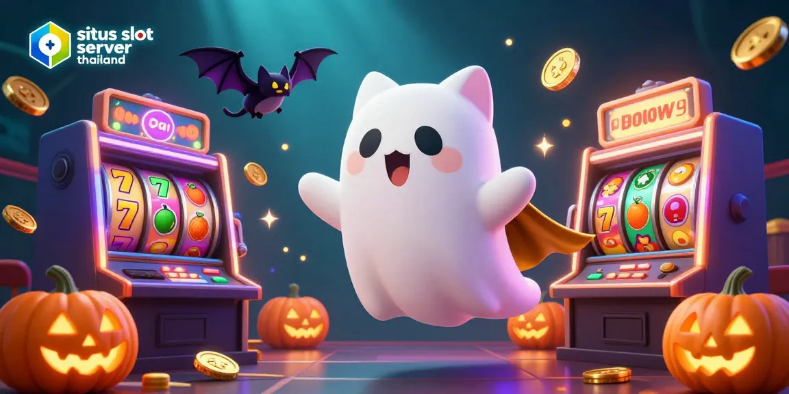 Experience the thrill of gaming with Situs Slot Server Thailand in this vibrant casino fantasy illustration featuring a ghost cat, jackpot symbols, and more.