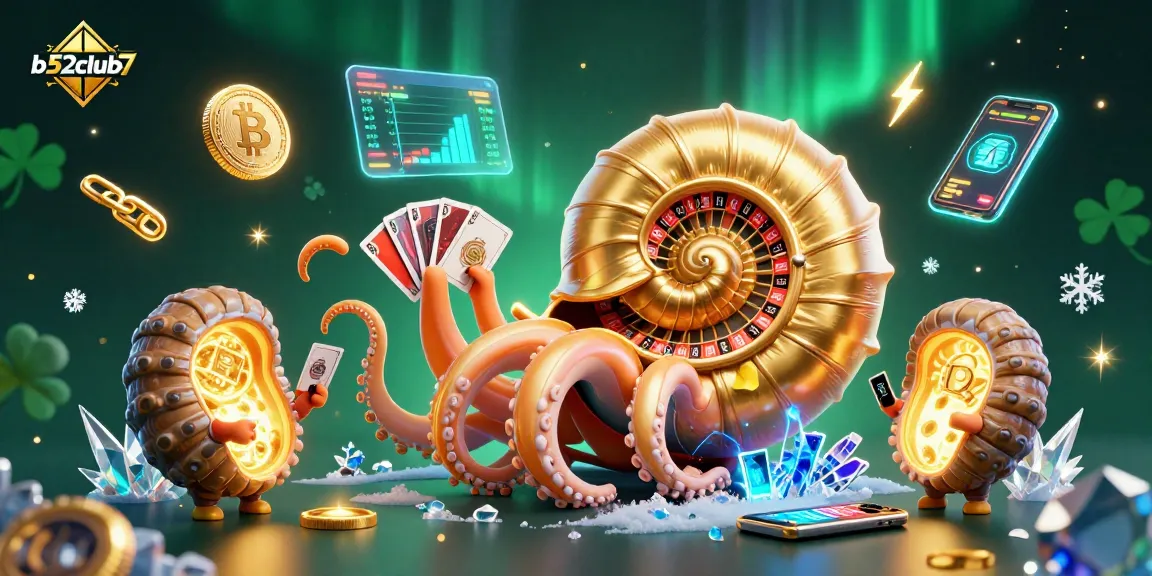 Experience the thrill of b52club7 with a vibrant, dynamic 3D casino illustration showcasing a roulette wheel and neon coins.