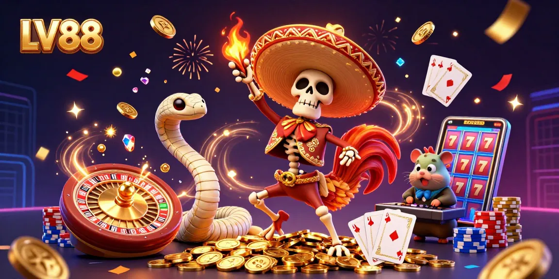 Experience vibrant winning moments at LV88 with a lively casino scene featuring joyful characters and dynamic game elements.