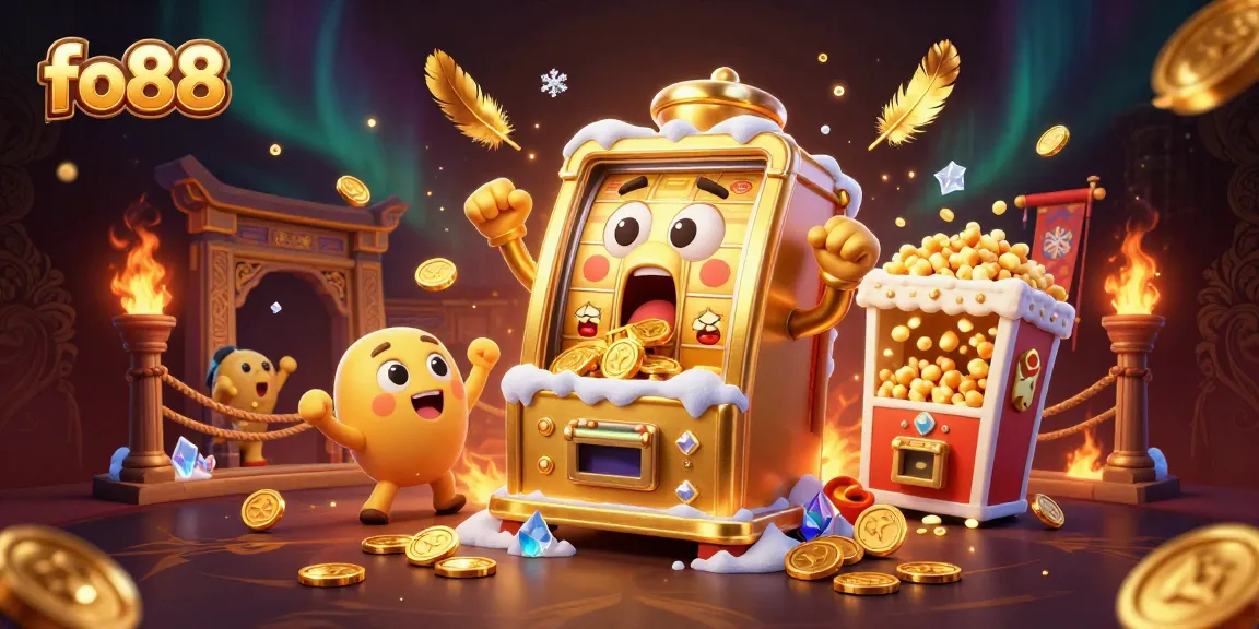Spin to win at fo88 with a cartoon slot machine celebrating a jackpot amidst gold coins!