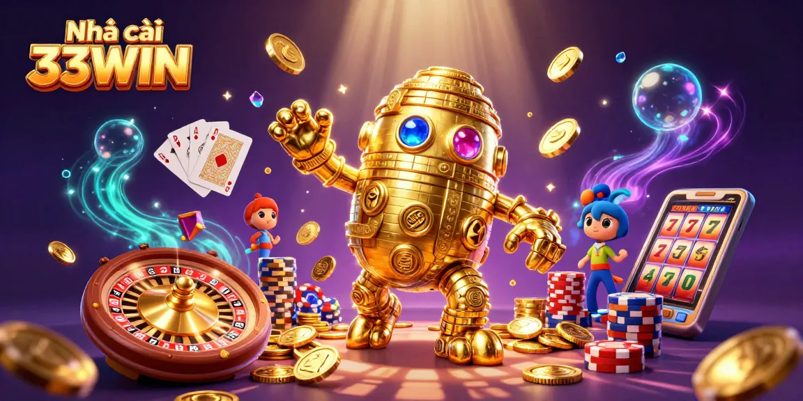 Experience unbeatable excitement with Nhà cái 33WIN's thrilling casino adventures featuring a dynamic golden golem and vibrant elements.