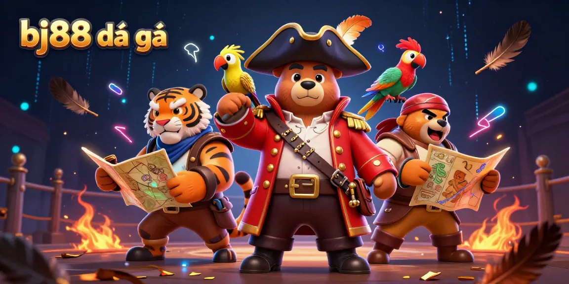 Experience the excitement of bj88 đá gà with a fierce bear pirate and tiger, set against a vibrant cockfighting arena backdrop.