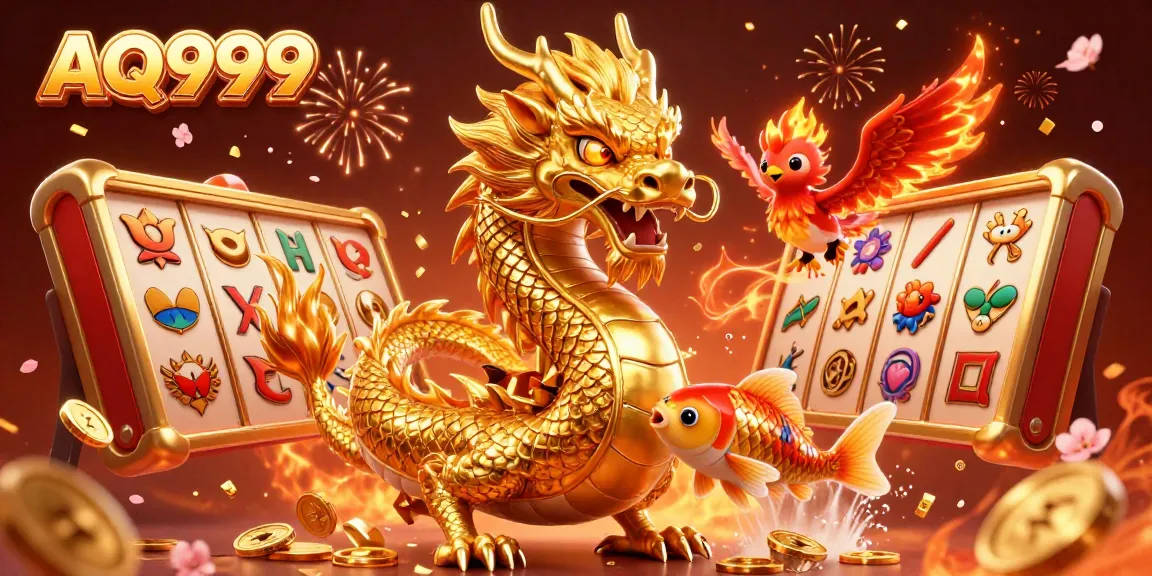 AQ999 casino promotional illustration featuring a golden dragon, phoenix, and koi fish amidst colorful slot symbols and coins.