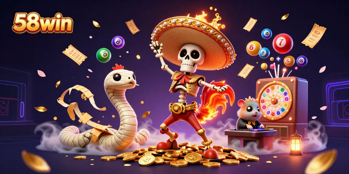 Engage with 58win's vibrant casino world showcasing a lively victory celebration with colorful games.