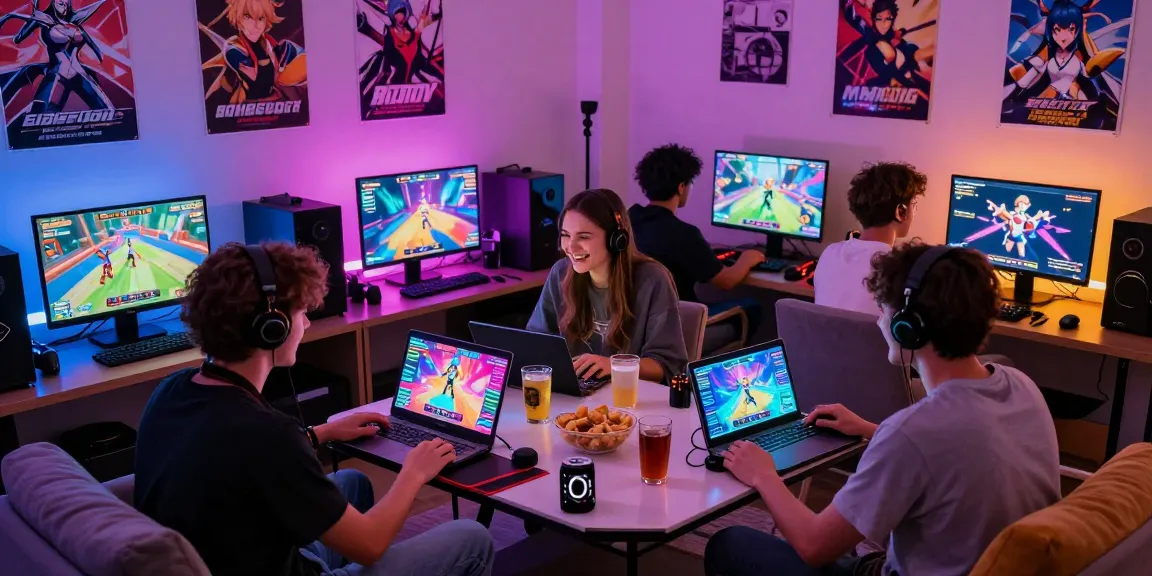 Friends enjoying online ecchi games in a vibrant gaming lounge with snacks and LED lighting.