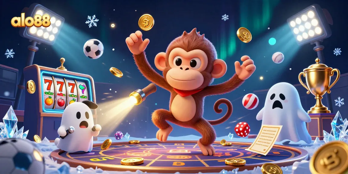 Experience thrilling action at alo88 with a mischievous monkey juggling golden casino elements and sports balls.