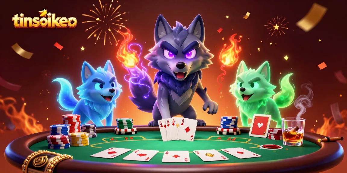 Tinsoikeo showcases an energetic poker scene with ghostly wolves and vibrant game elements.