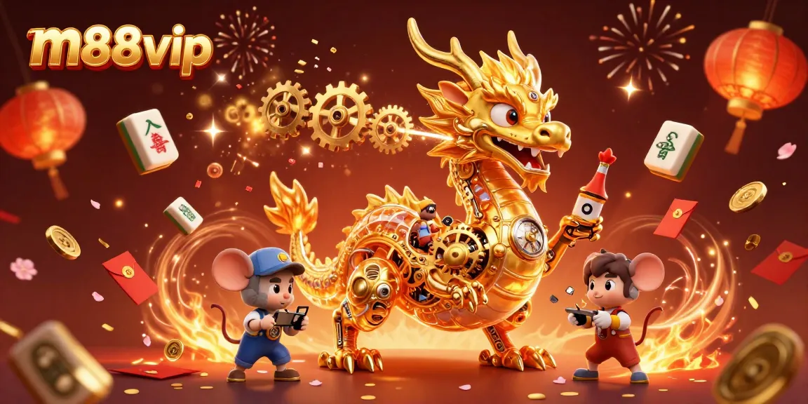 Engage with m88vip's exciting gaming scene featuring a golden dragon and festive elements.