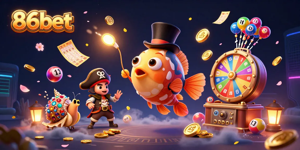 Engage with 86bet through vibrant 3D scenes featuring an anglerfish, pirate shrimp, and treasure snail amidst casino elements.