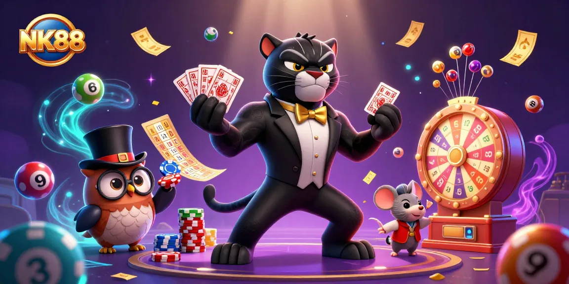 Experience thrilling gameplay at NK88 as the cartoon black panther deals cards, surrounded by vibrant casino elements.