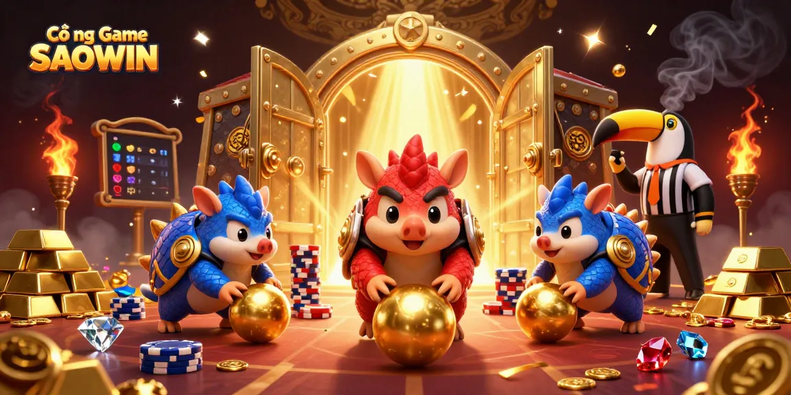 Engaging scene of Cổng Game SAOWIN with rival pangolins, treasure, and casino elements.