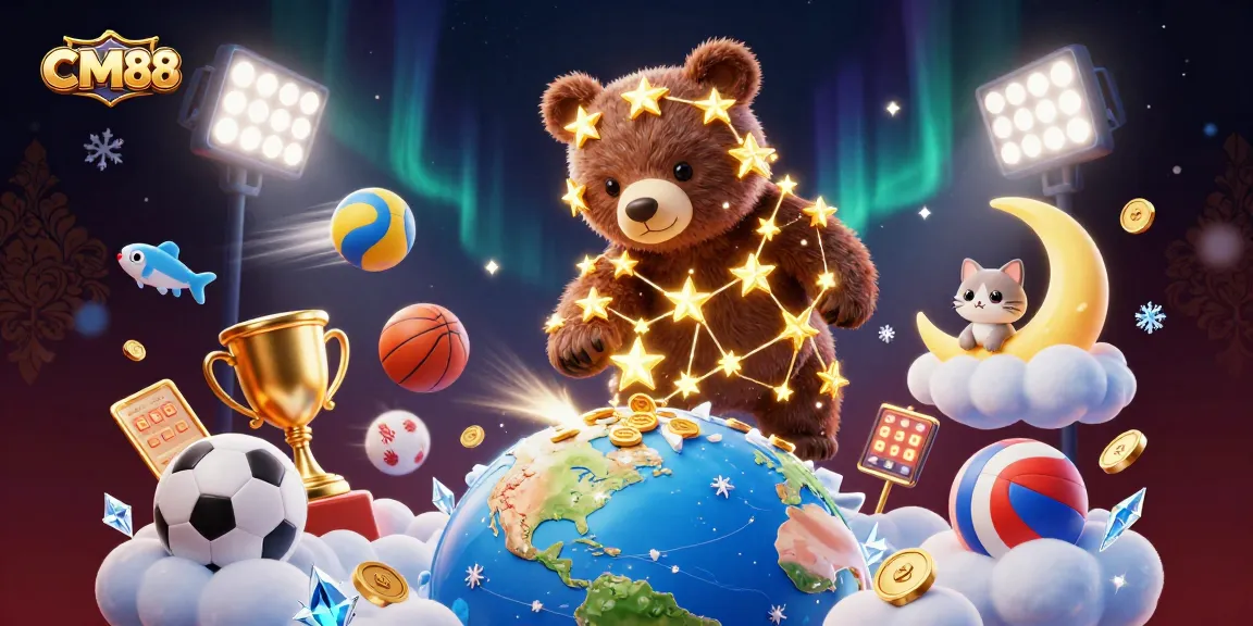 Experience winnings at CM88 with a vibrant 3D scene of sports and casino elements.