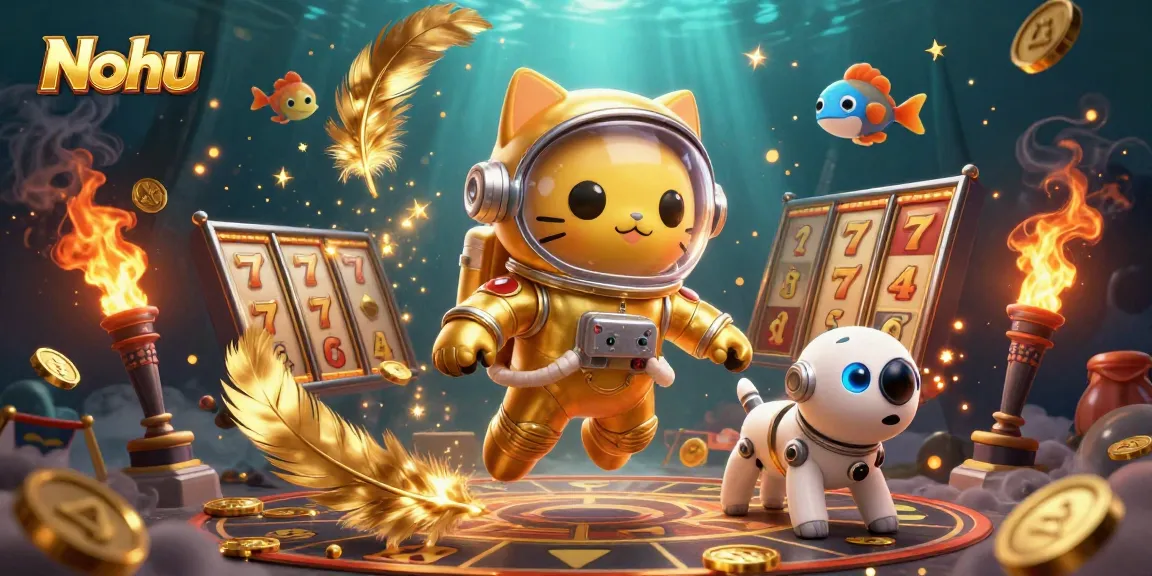 Nohu spins slot reels while an astronaut cat and a robot dog explore a colorful casino space.