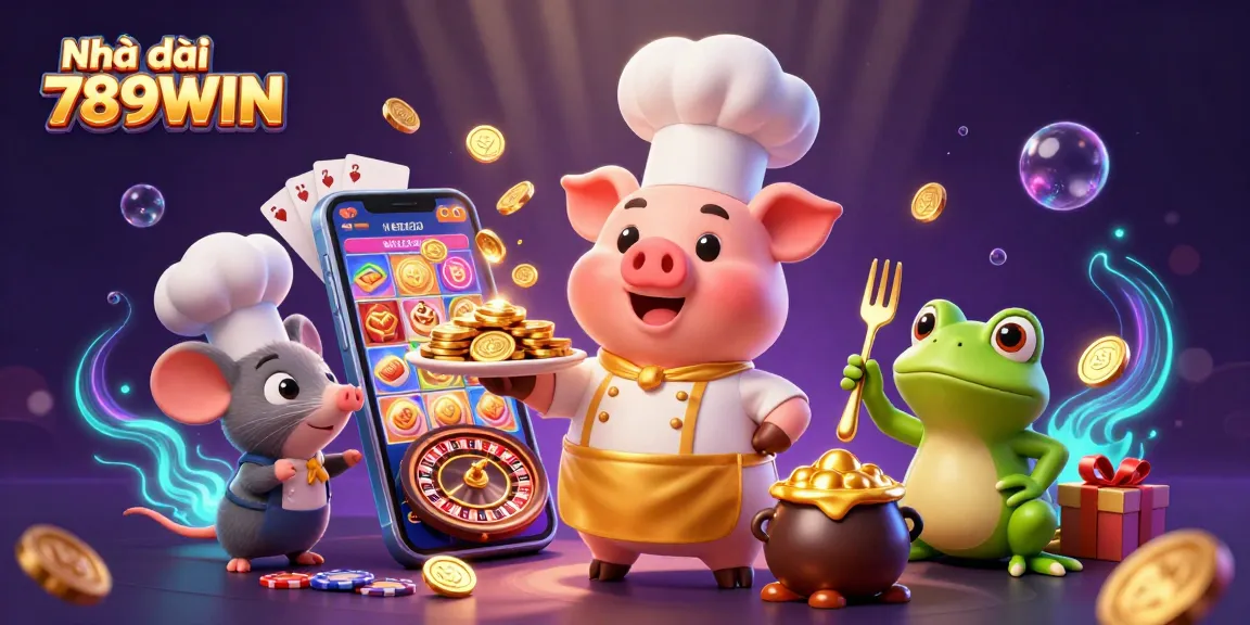 Engage with Nhà cái 789WIN featuring a lively scene of cartoon characters celebrating casino games.