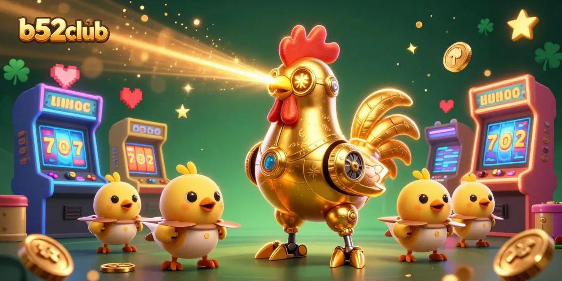 Experience thrilling action at b52club with a dynamic scene of a golden rooster robot leading baby chick drones amidst vibrant casino elements.