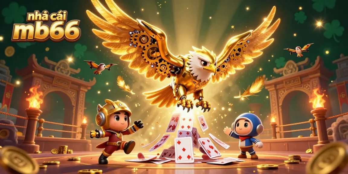 Engage with nhà cái mb66 through an immersive casino experience illustrated by a 3D golden eagle amidst vibrant playing cards.
