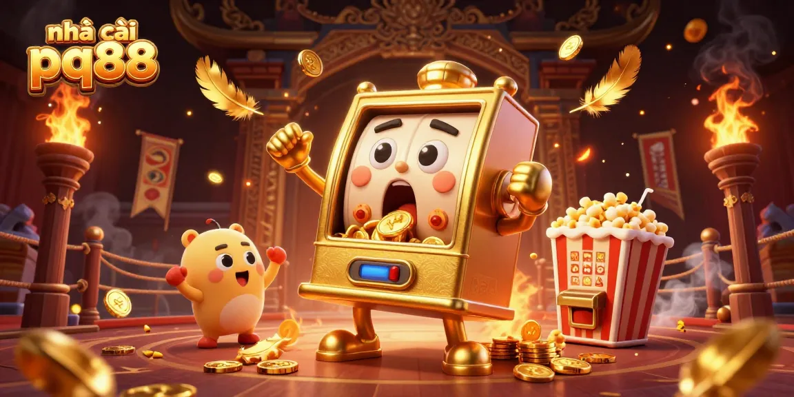 Engage with nhà cái pq88 in this vibrant casino scene featuring exciting slot machines and golden jackpots.