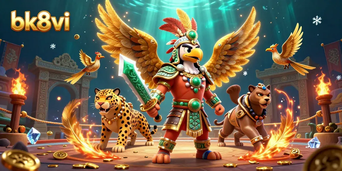 Experience the thrill of bk8vi with a dynamic scene featuring Aztec warriors and casino elements in 3D.