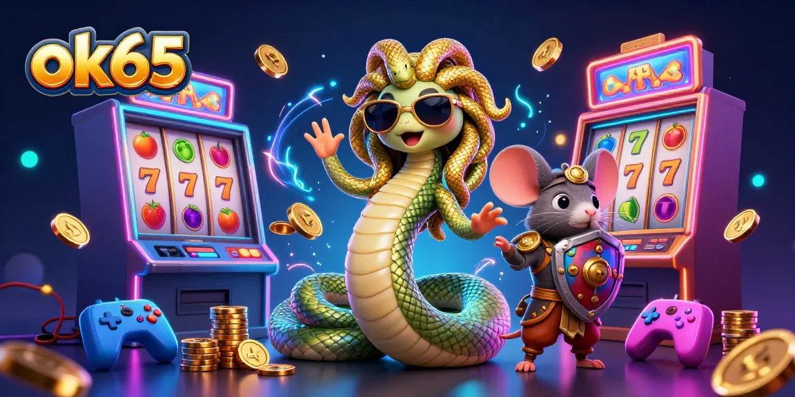 Experience the excitement of ok65 with colorful slot machines and friendly characters in this vibrant casino scene.