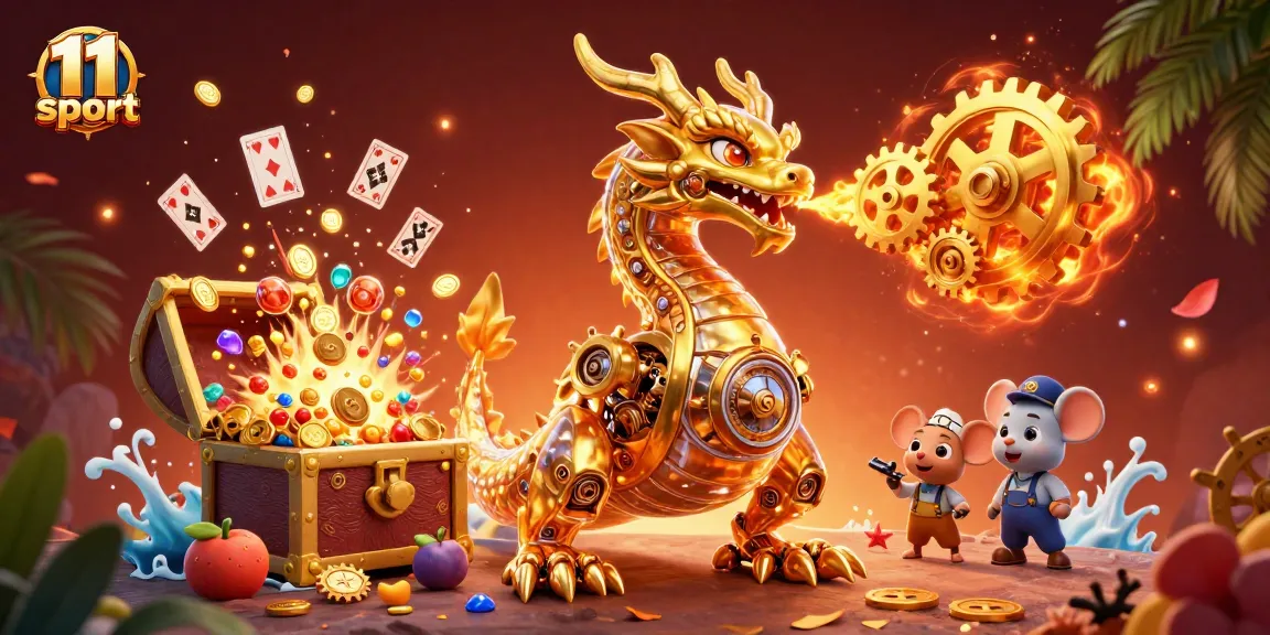 Win big with 11 sport as a golden dragon breathes treasure and excitement in a dynamic gaming scene.