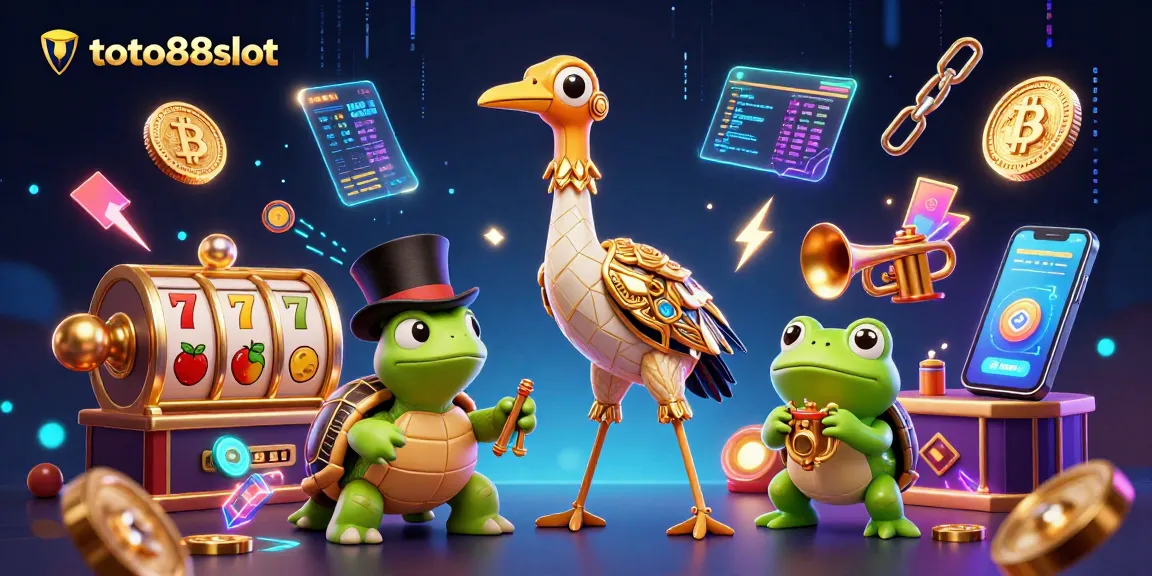 Engage with thrilling games at toto88slot, showcasing vibrant slot reels and lively gaming characters.