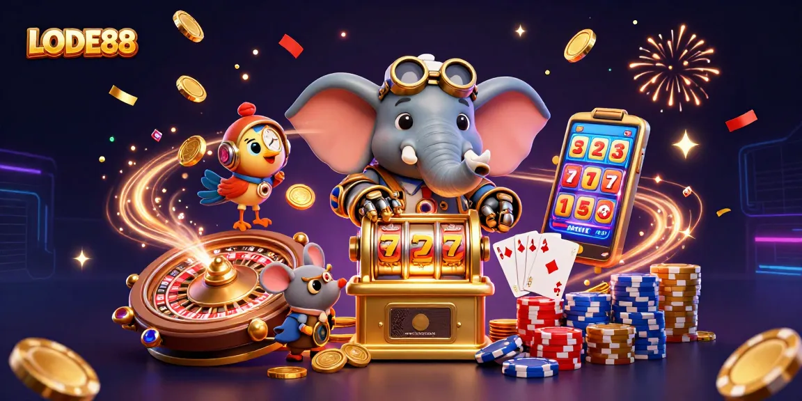 Interact with LODE88's captivating slot machine scene, featuring an engaging steampunk elephant engineer.