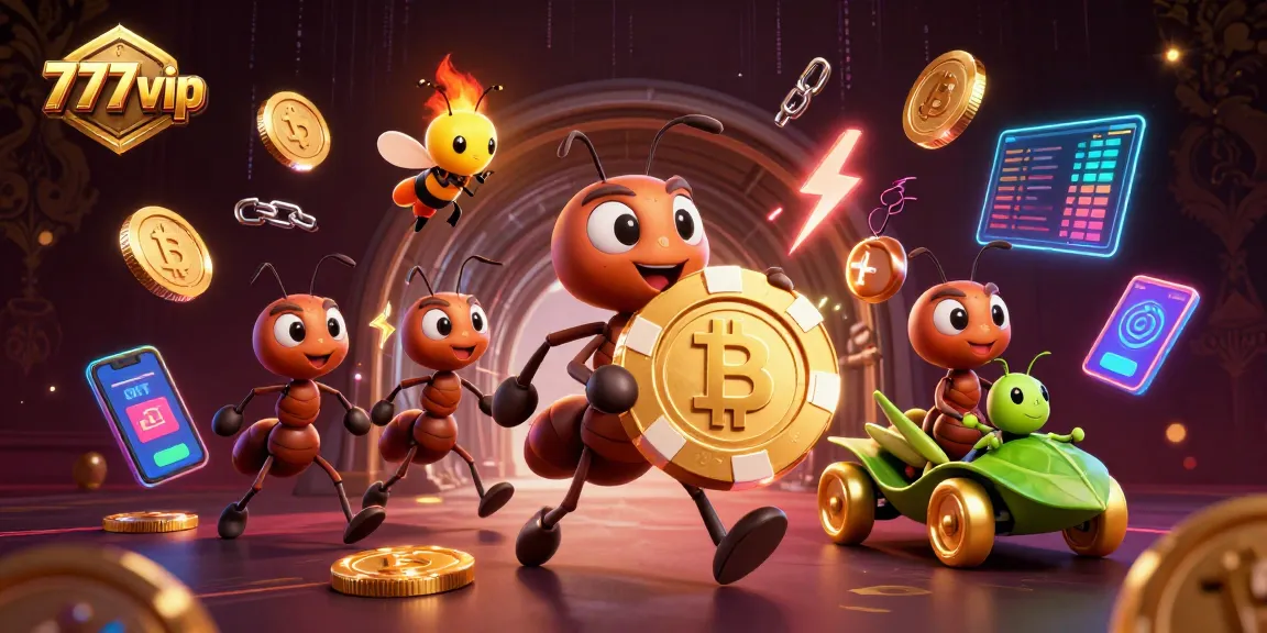Engage with 777vip's thrilling adventure featuring ants on a heist, amidst dazzling casino elements.