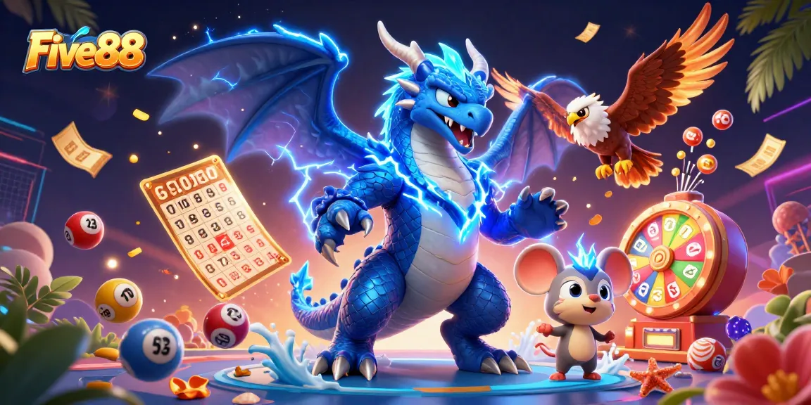 Experience Five88's vibrant gaming scene with dynamic lottery elements and powerful characters.