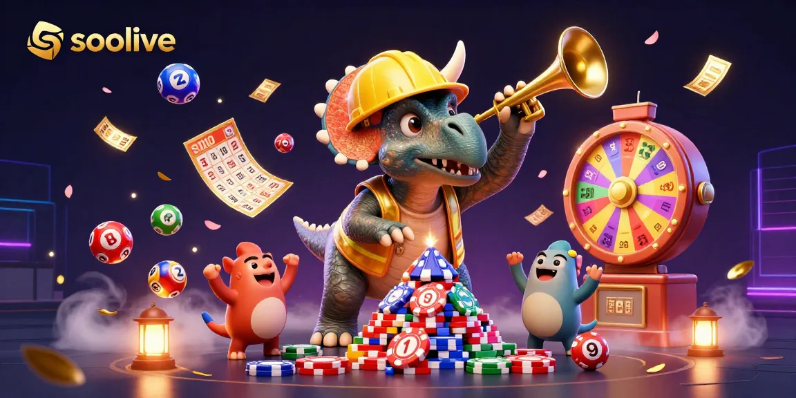 Socolive features a triceratops and parasaurolophus celebrating a gambling win surrounded by lottery elements.