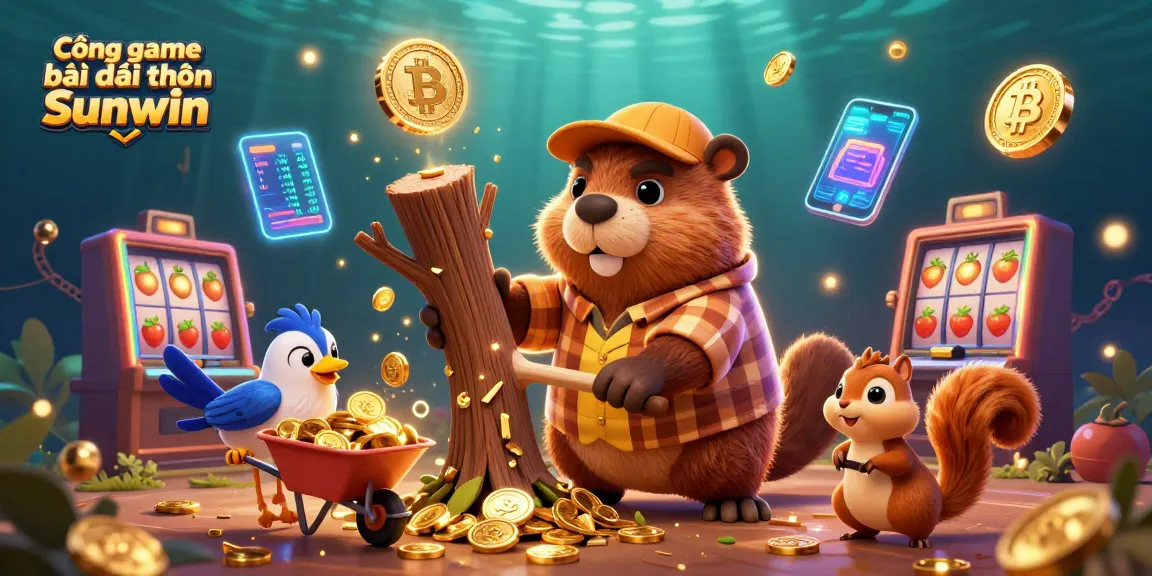 Cổng game bài đổi thưởng Sunwin showcases a vibrant casino environment featuring a fun beaver character collecting coins surrounded by slot machine elements.