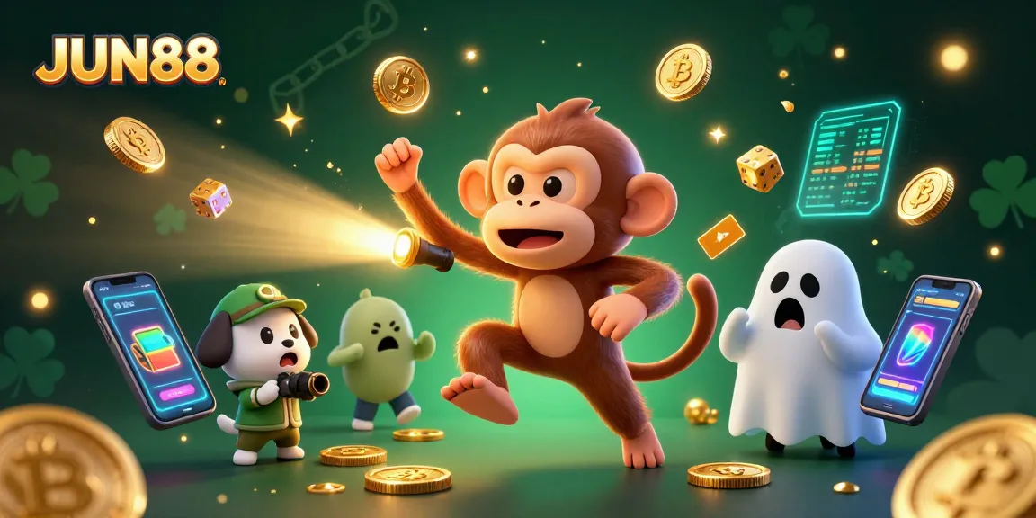 Experience the thrilling JUN88 casino atmosphere with a playful monkey and ghost-hunter puppy.