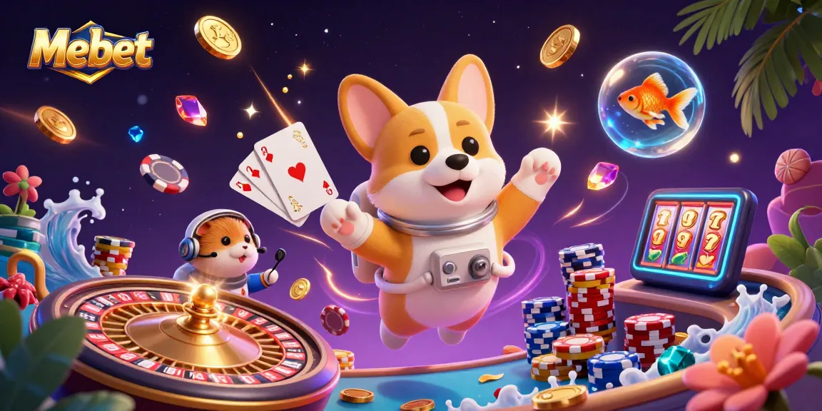 Mebet brings excitement with a corgi astronaut in a colorful casino scene full of floating coins.