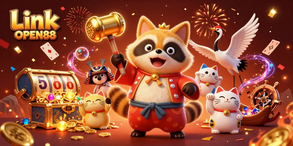 Link OPEN88 reveals a vibrant casino adventure with cheerful characters celebrating wins and luck.