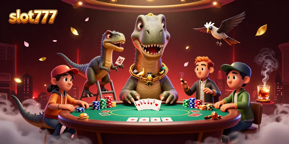 Experience thrilling gameplay at slot777 where a giant brontosaurus oversees an exciting poker table.