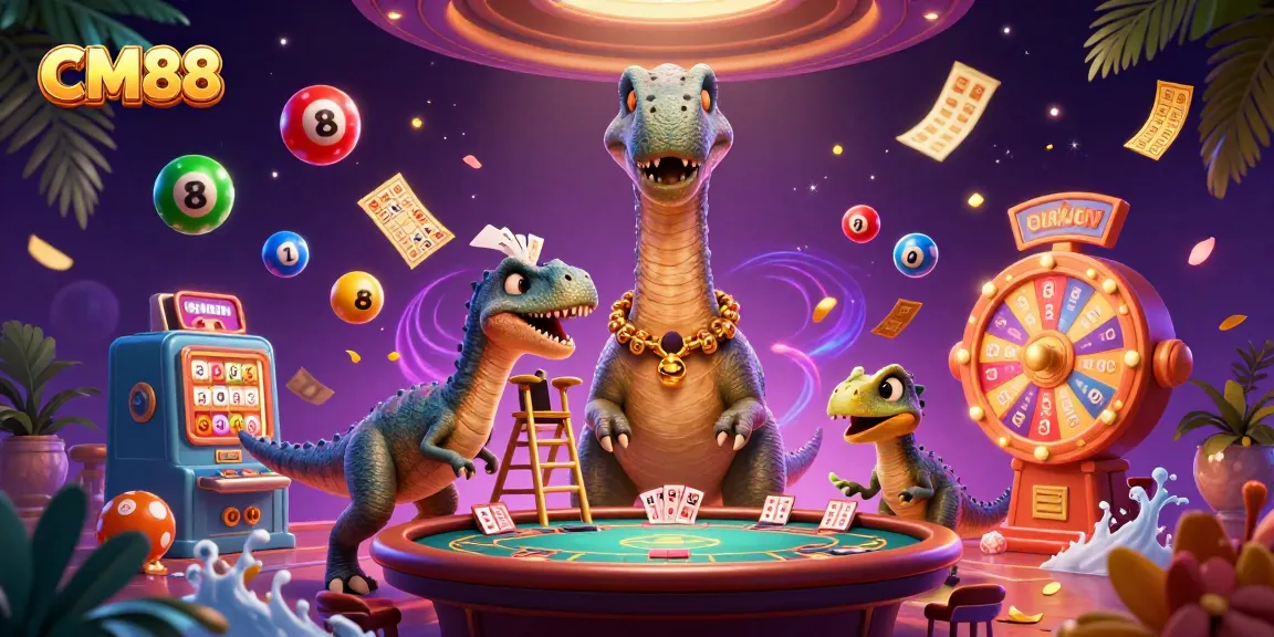 Join the excitement at CM88 as a brontosaurus peers into a lively poker scene filled with colorful elements.