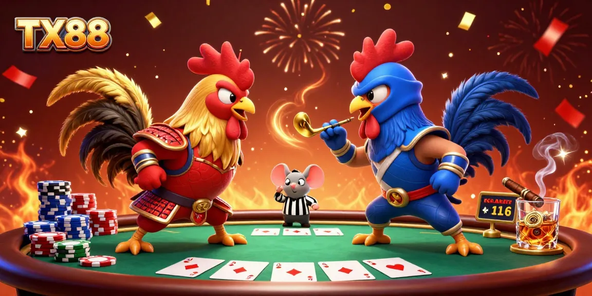 Engage in thrilling TX88 poker action with roosters in battle, playing cards, chips, and confetti.