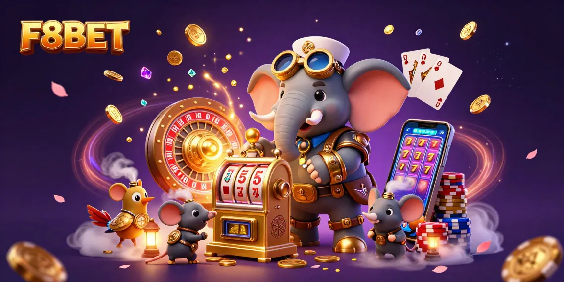F8BET offers a vibrant 3D casino scene with steampunk characters, golden coins, and a spinning roulette wheel.