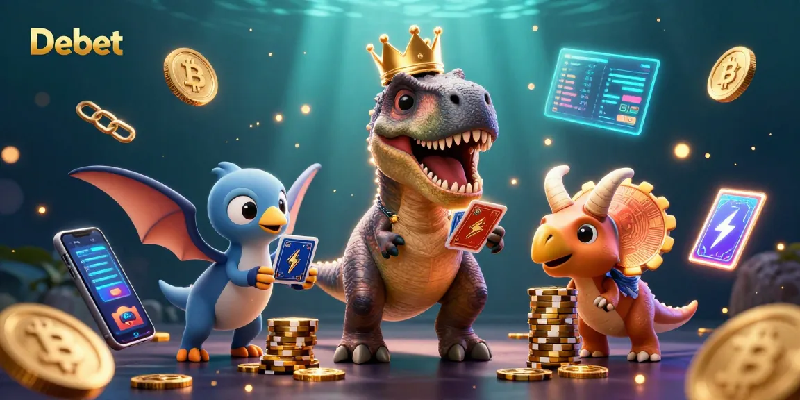 Experience exciting gameplay at Debet as cartoon dinosaurs play cards and stack chips in a dynamic casino scene.