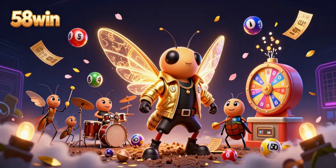 Engage with the excitement of 58win in this vibrant casino illustration featuring a buzzing cicada rock star and dynamic game elements.