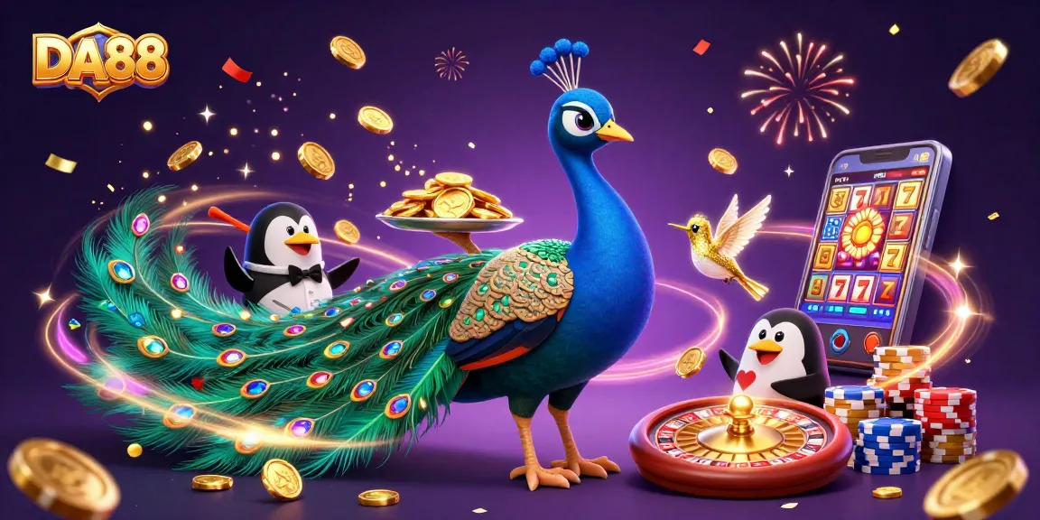 Win big with DA88 in this dynamic casino scene featuring vibrant characters and games.