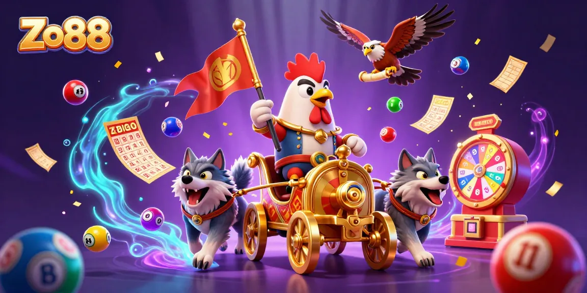 Zo88 entertains with a dynamic illustration of a rooster warlord in a golden chariot surrounded by vibrant lottery elements.