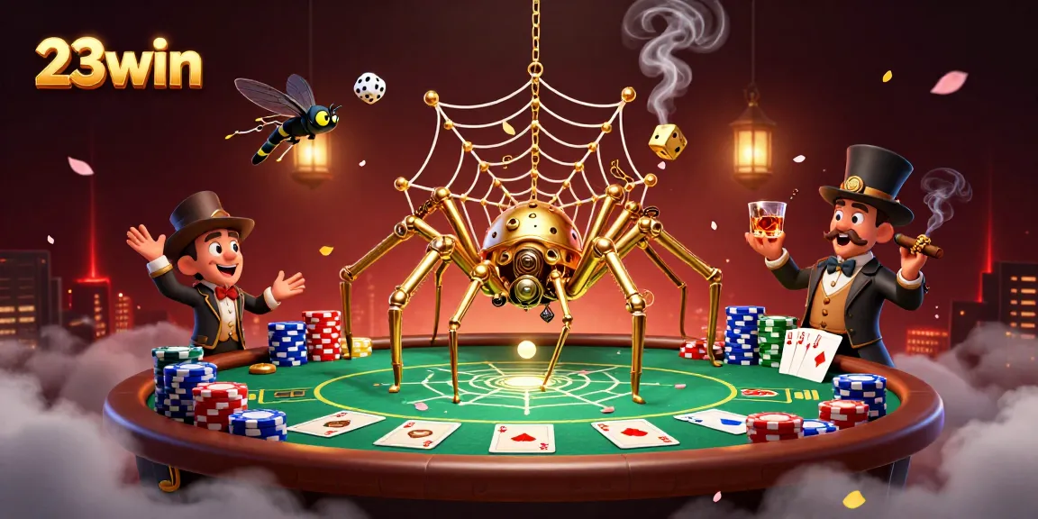 Experience the thrill of 23win with a vibrant casino scene featuring dynamic poker elements and a captivating spider web.