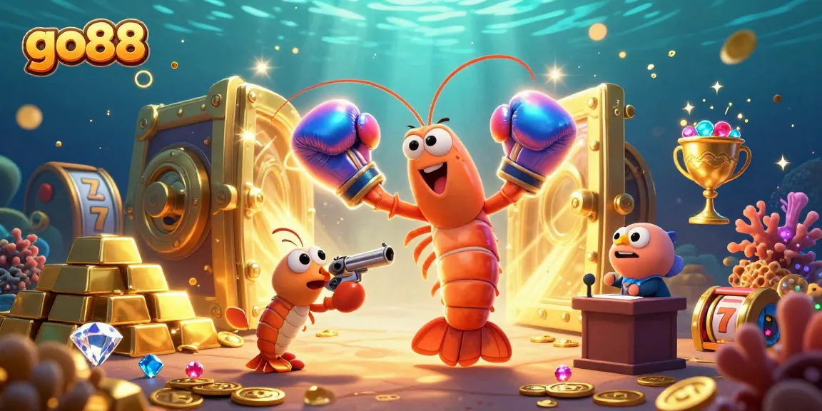 Experience go88's vibrant underwater casino with 3D cartoon shrimp characters and treasures.