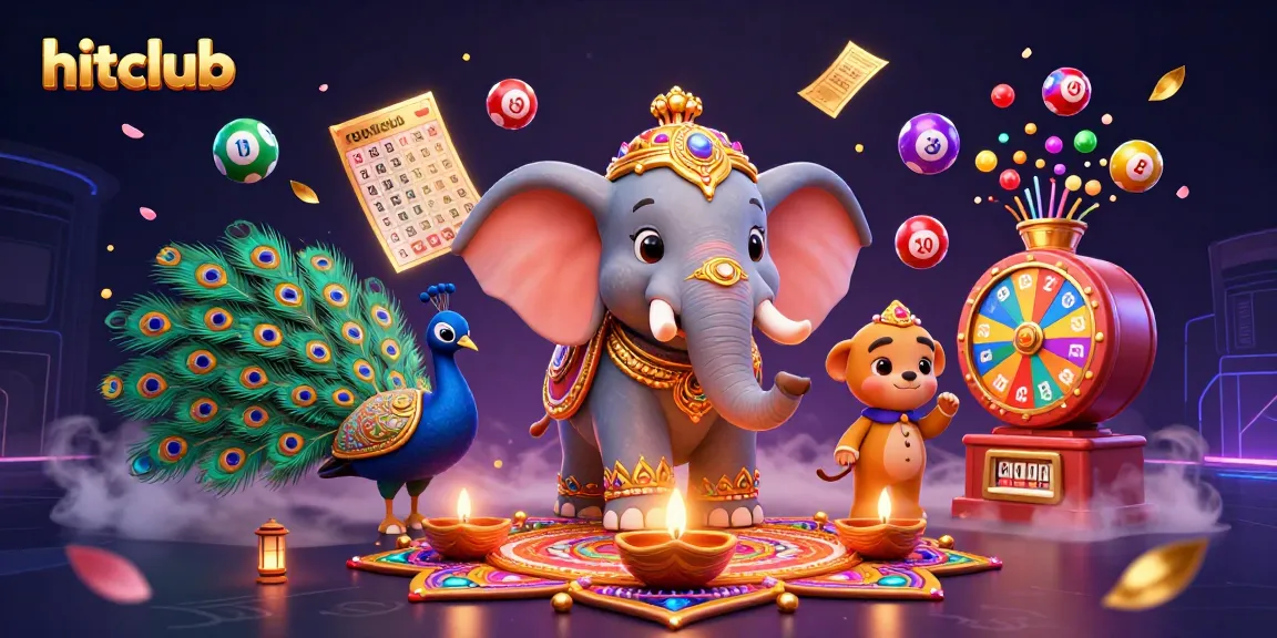 Experience the thrill of the hitclub with vibrant lottery balls and festive characters in a dynamic casino scene.