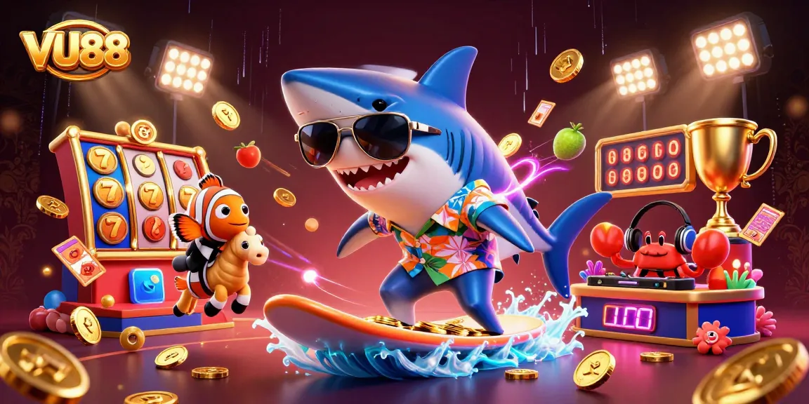 Experience thrilling slot adventures at VU88 with colorful characters and gold coins cascading above.