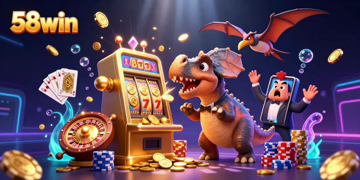 Experience 58win excitement as a pachycephalosaurus wins big at the slot machine in this colorful casino scene.