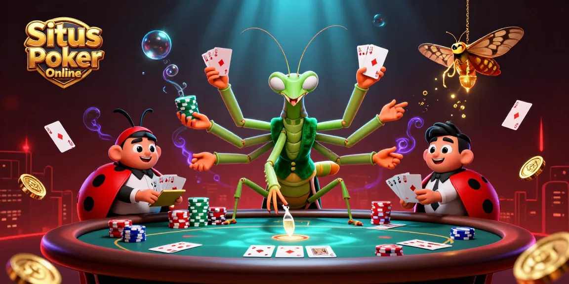 Situs Poker Online showcases a giant card sharp, ladybug pit boss, and immersive poker elements.